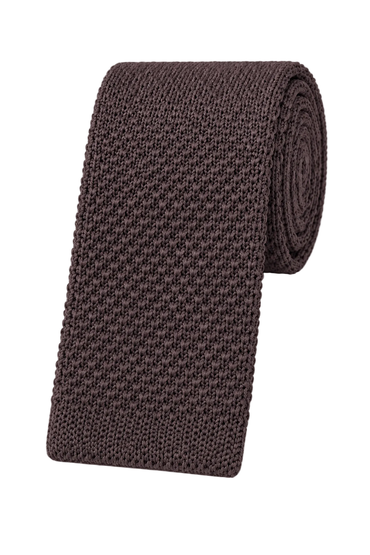A dark brown textured knit necktie, partially unrolled to show its fine woven pattern, set against a clean white background.