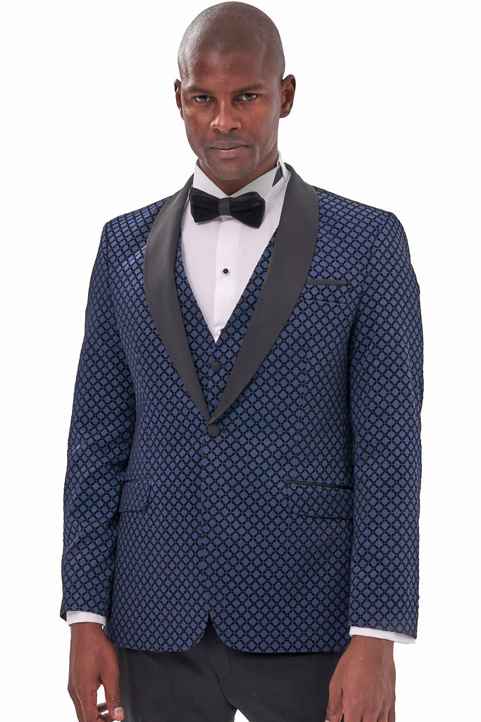 DIAMOND - Midnight Blue Printed Velvet 3 Piece Suit / Tuxedo - Jack Martin Menswear