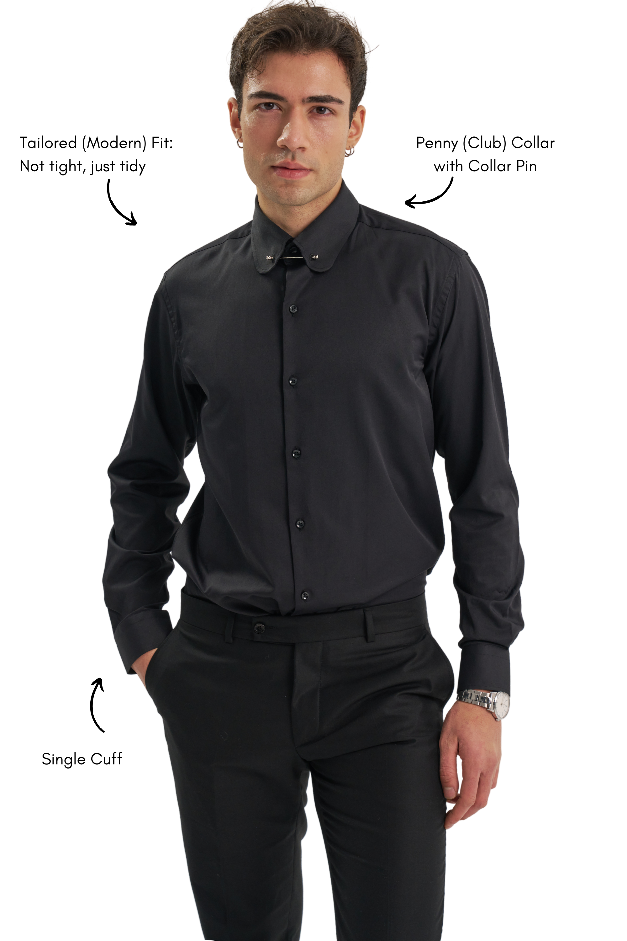 TOMMY - Black Penny Collar Shirt with Collar Bar - Jack Martin