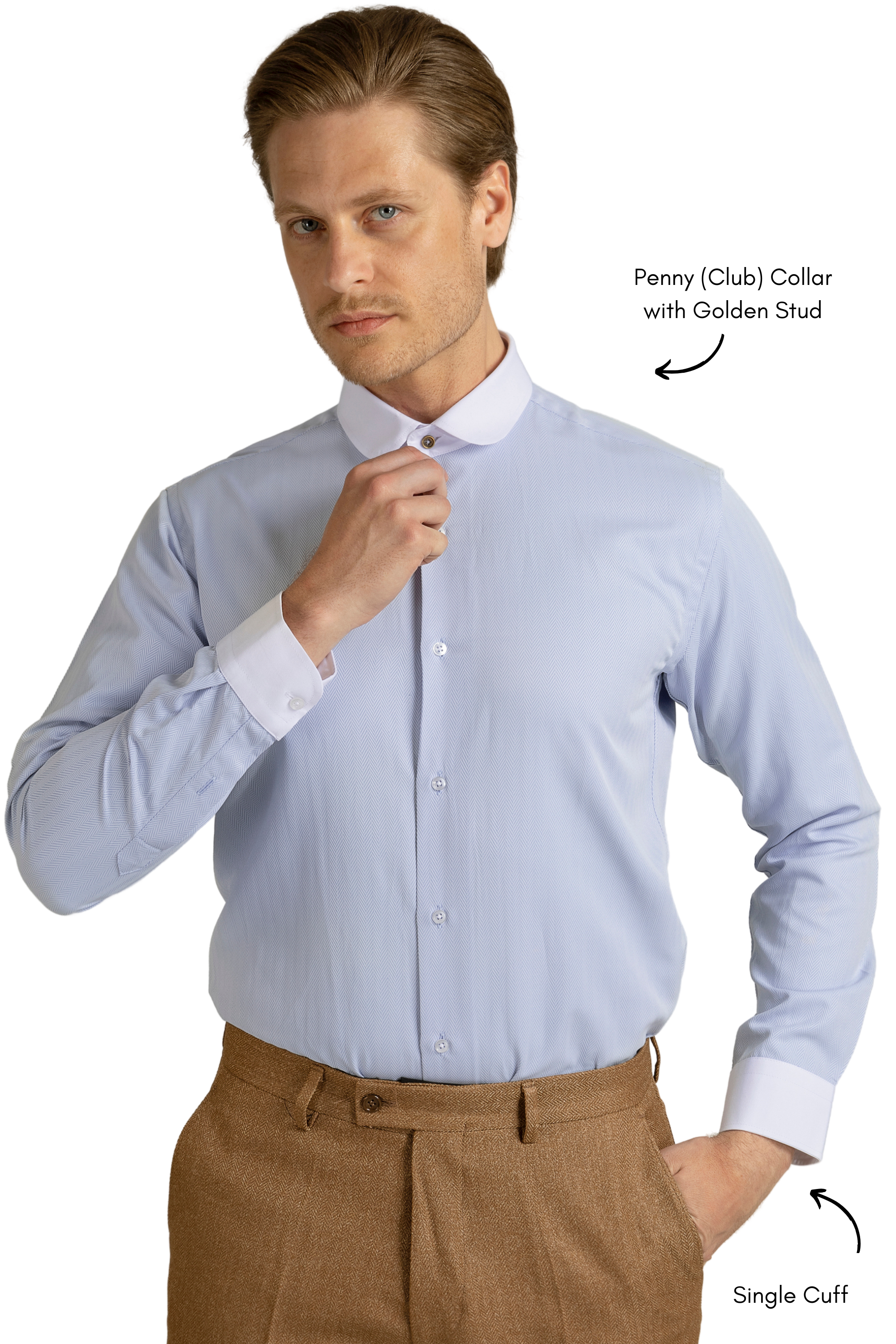 THOMAS - Dark Blue Herringbone Penny Collar Shirt - Jack Martin
