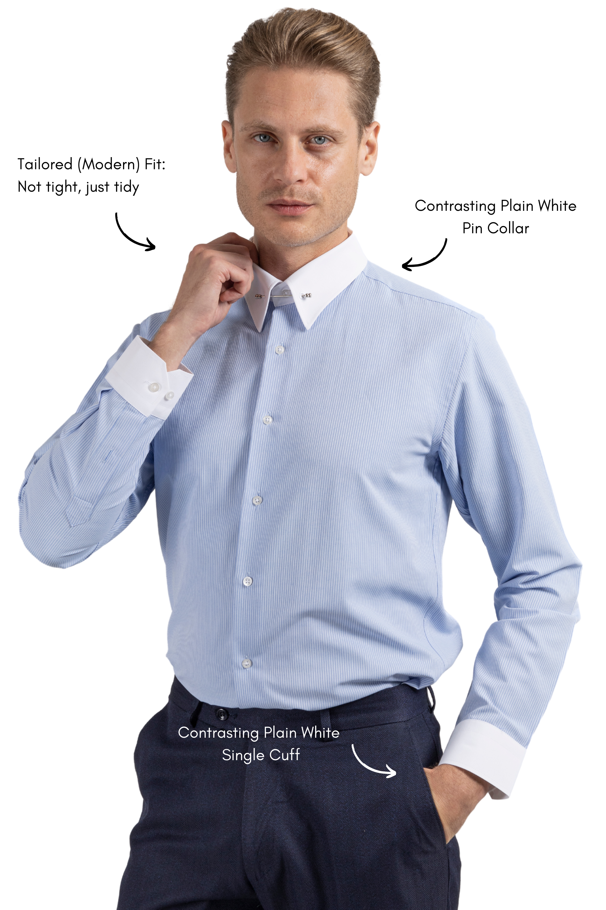 LUKE - Blue Subtle Stripe Pin Collar Shirt - Jack Martin
