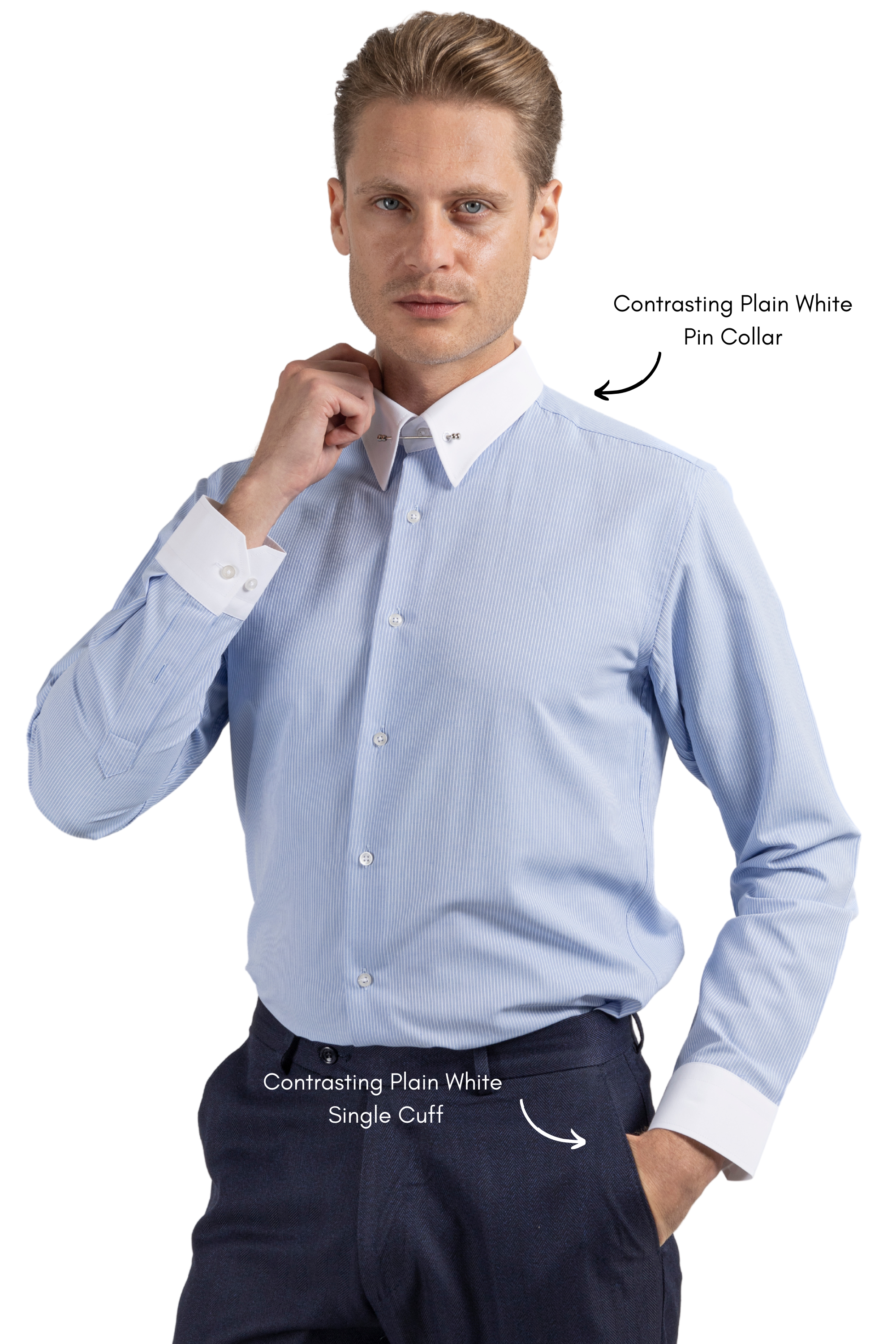 LUKE - Blue Subtle Stripe Pin Collar Shirt - Jack Martin
