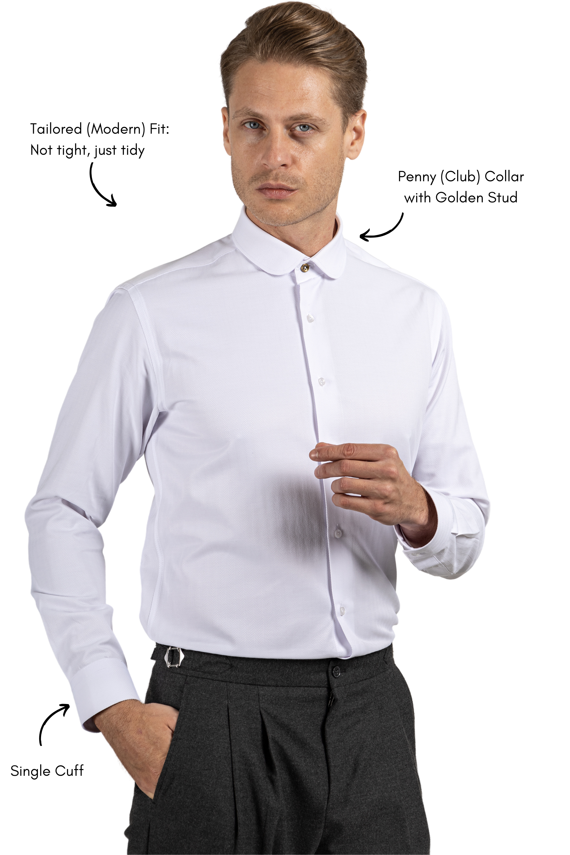 THOMAS - White Herringbone Penny Collar Shirt - Jack Martin