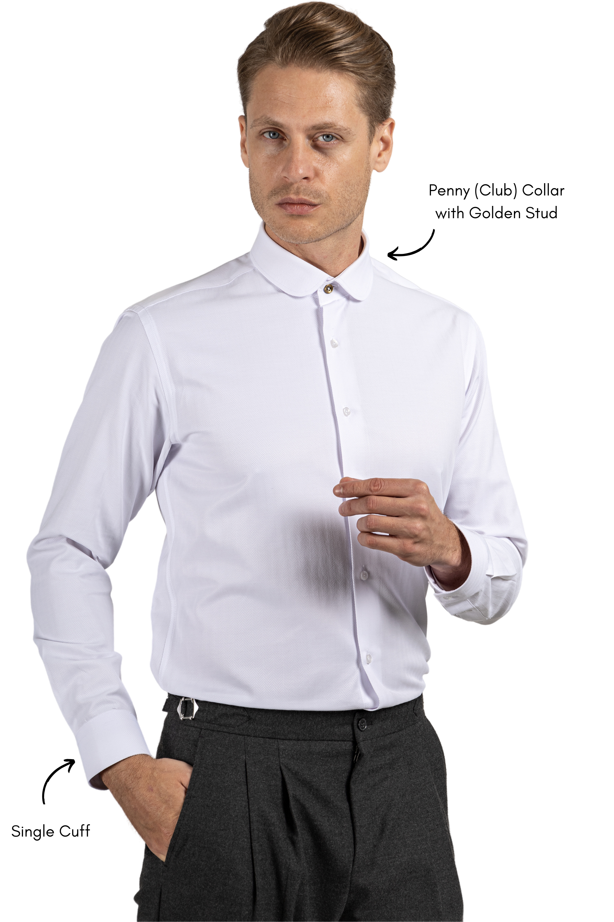 THOMAS - White Herringbone Penny Collar Shirt - Jack Martin