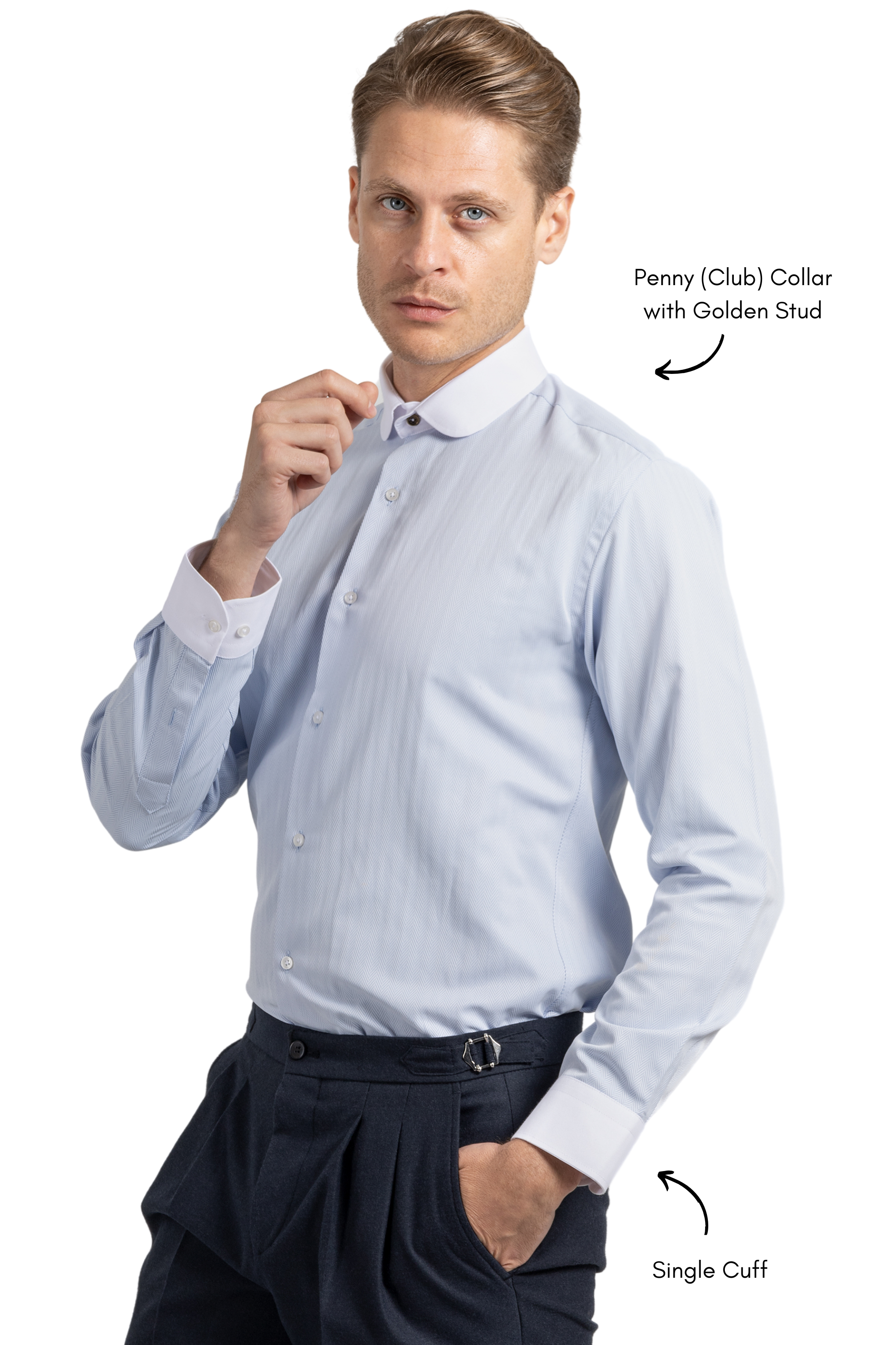 THOMAS - Blue Herringbone Penny Collar Shirt - Jack Martin