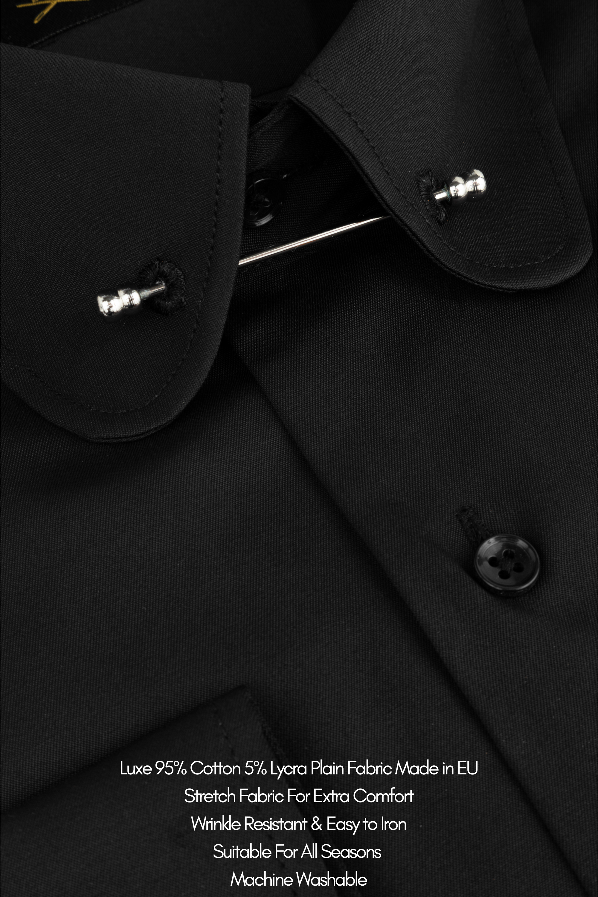 TOMMY - Black Penny Collar Shirt with Collar Bar - Jack Martin