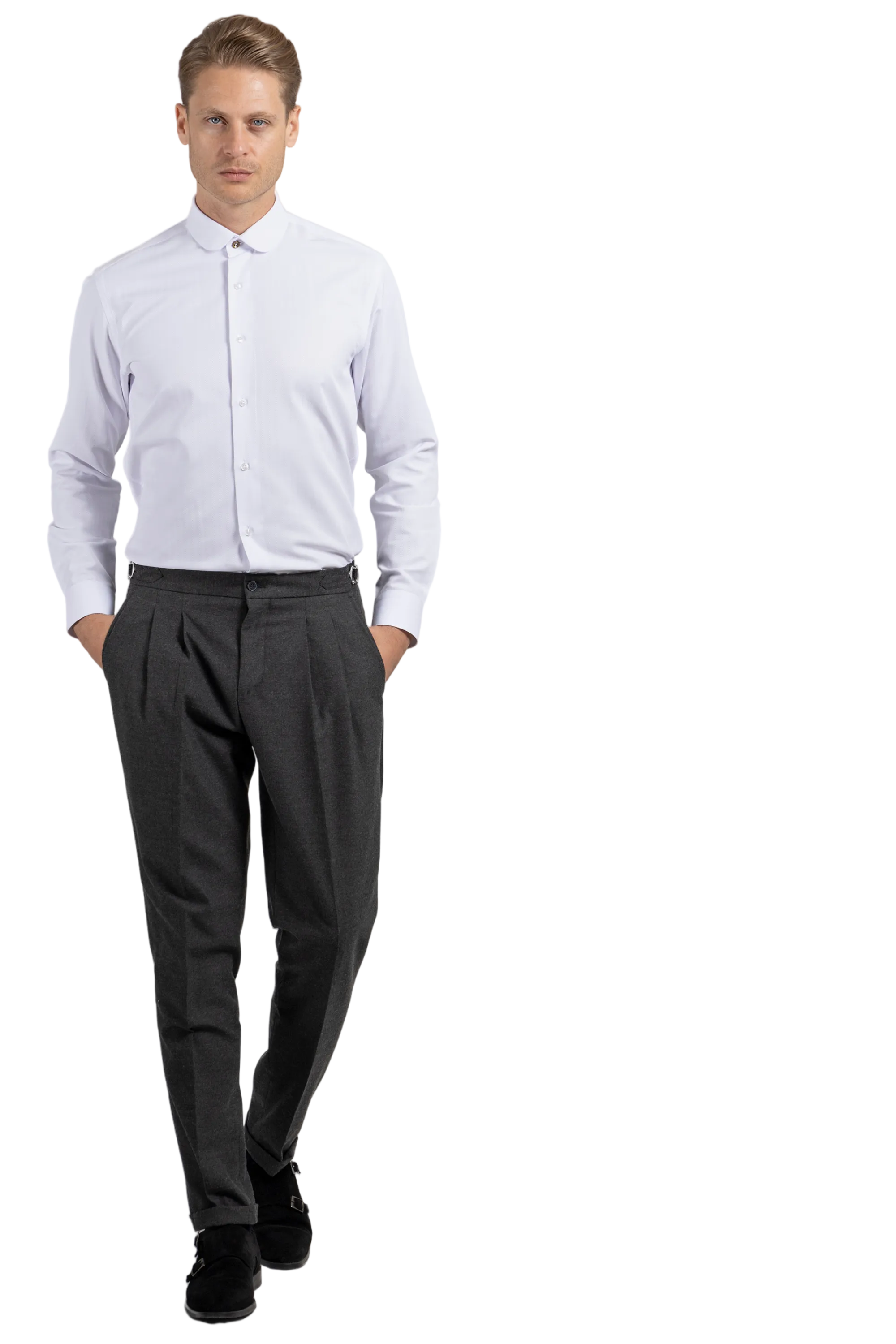 THOMAS - White Herringbone Penny Collar Shirt - Jack Martin