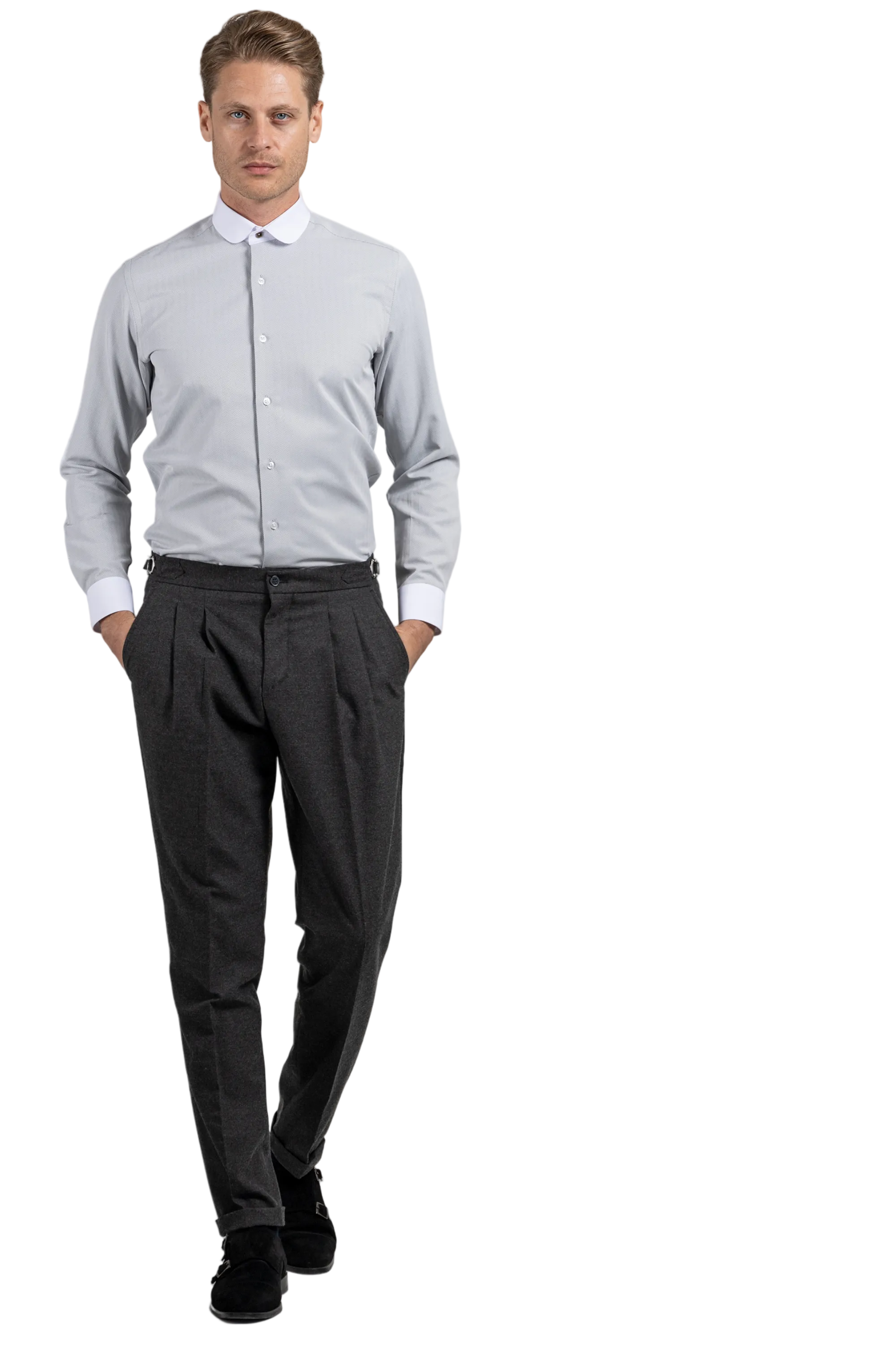 THOMAS - Grey Herringbone Penny Collar Shirt - Jack Martin