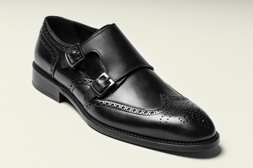 BLAKE - Black Handmade Leather Double Monk Strap Shoes - Jack Martin Menswear