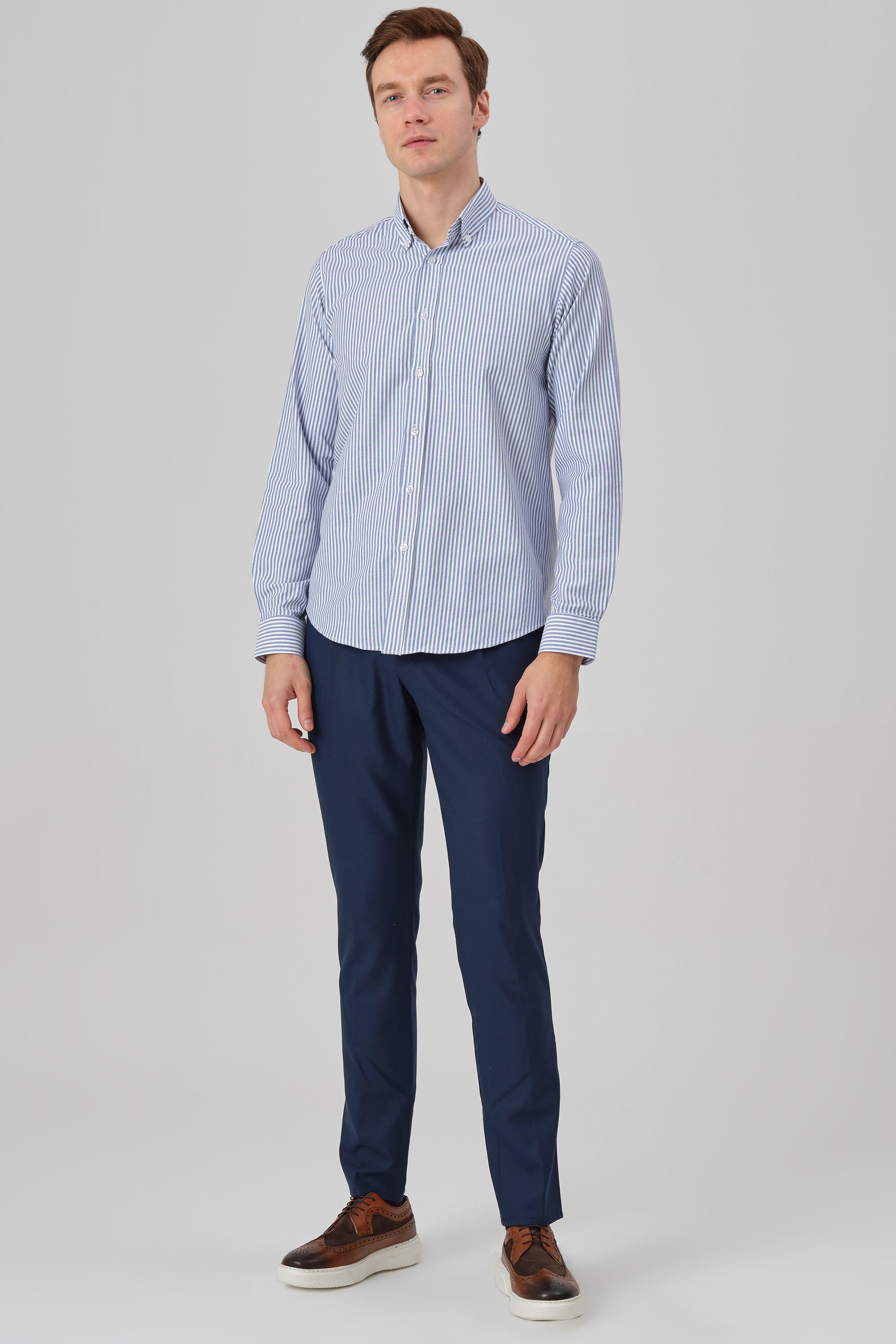 DAVID - Navy Striped Oxford Button Down Casual Shirt - Jack Martin