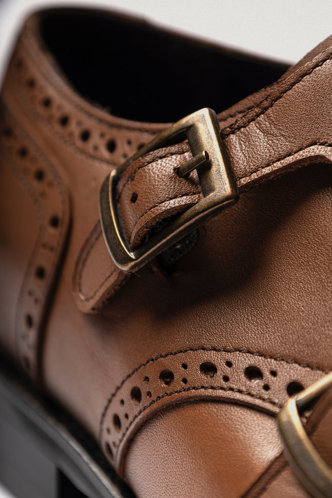 BLAKE - Tan Handmade Burnished Leather Double Monk Strap Shoes - Jack Martin Menswear