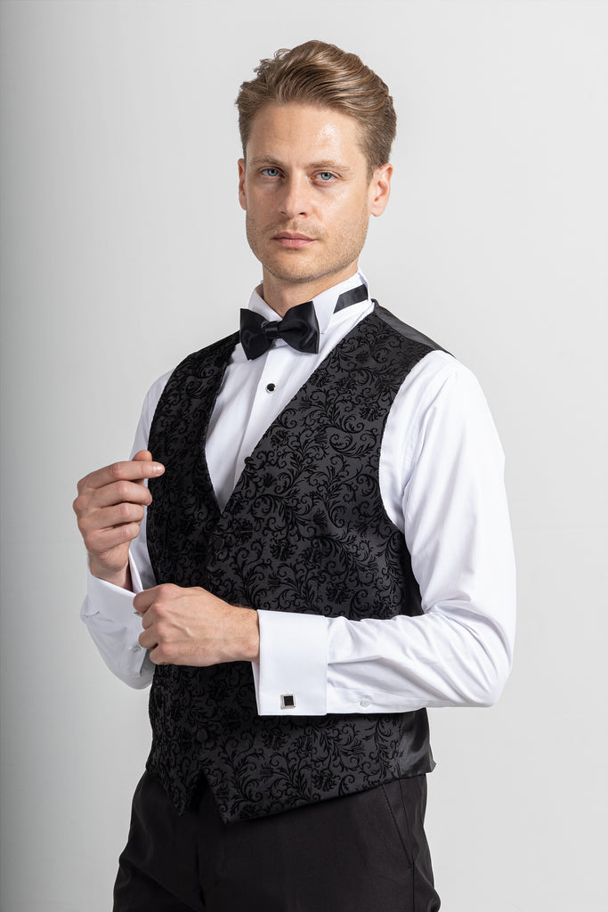 FLORAL - Black Printed Velvet 3 Piece Suit / Tuxedo - Jack Martin Menswear