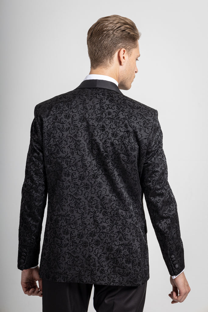 FLORAL - Black Printed Velvet Dinner / Tuxedo Jacket - Jack Martin Menswear