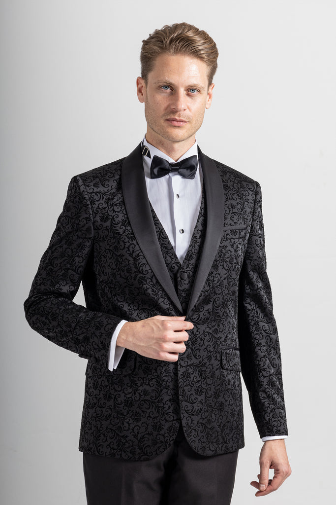 FLORAL - Black Printed Velvet Dinner / Tuxedo Jacket - Jack Martin Menswear