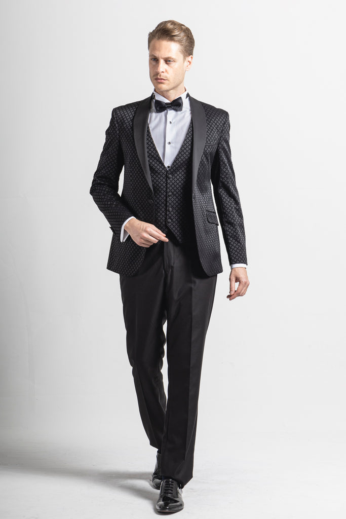 DIAMOND - Black Printed Velvet 3 Piece Suit / Tuxedo - Jack Martin Menswear