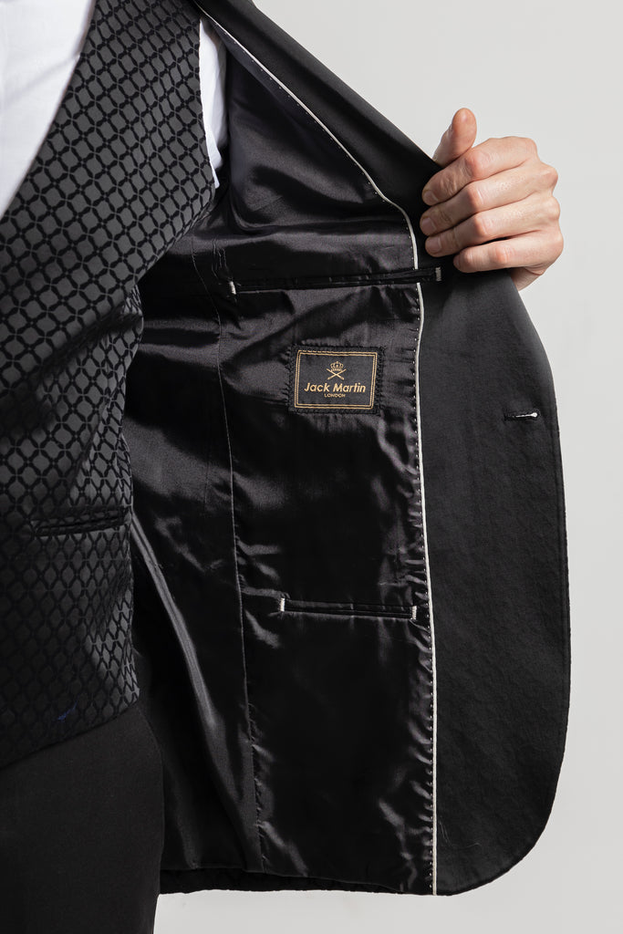 DIAMOND - Black Printed Velvet 3 Piece Suit / Tuxedo - Jack Martin Menswear