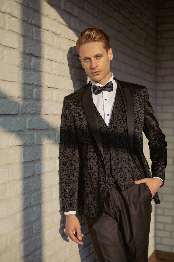 FLORAL - Black Printed Velvet 3 Piece Suit / Tuxedo - Jack Martin Menswear