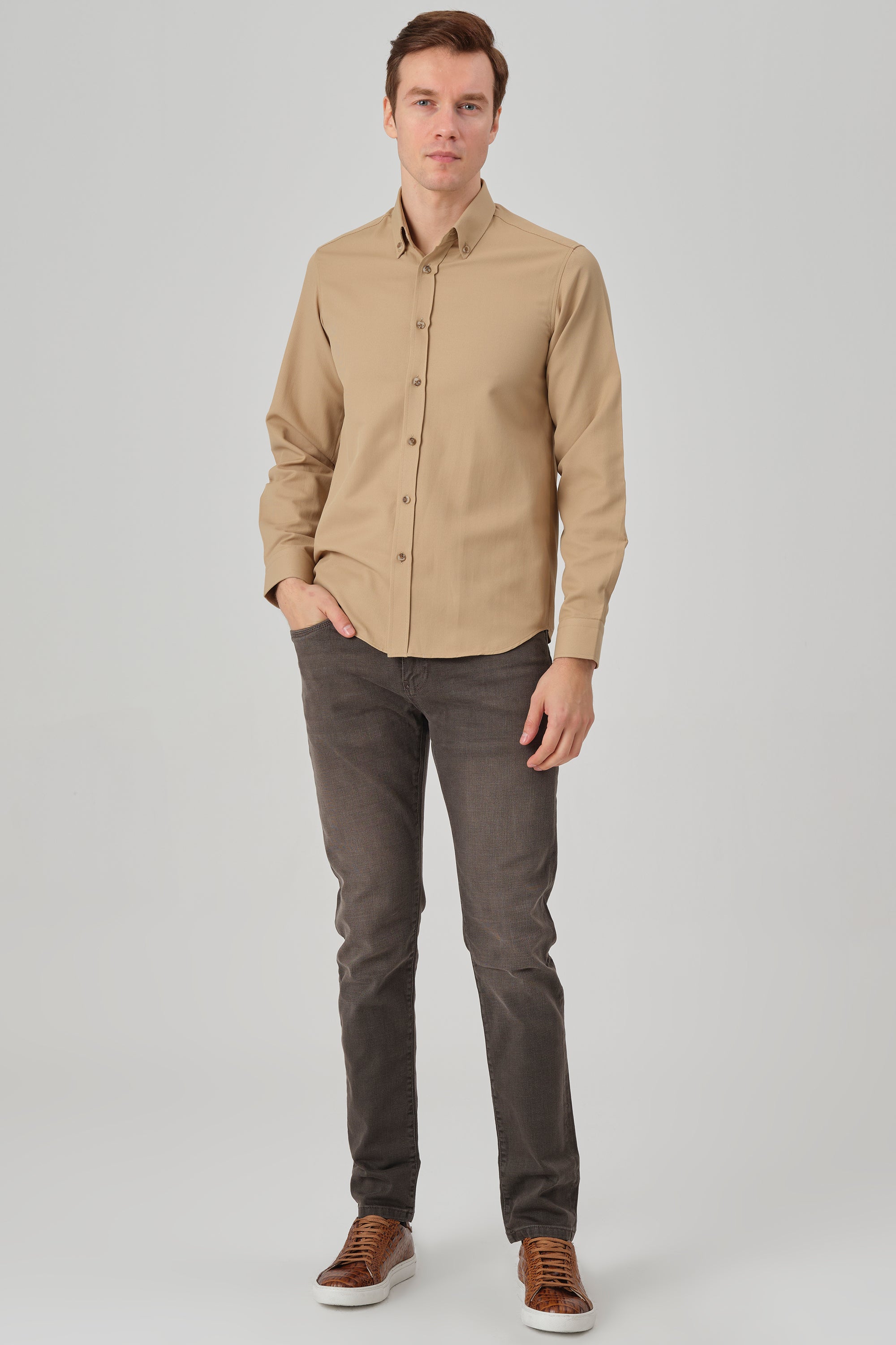 LIAM - Tan Dobby Stripe Button Down Casual Shirt - Jack Martin