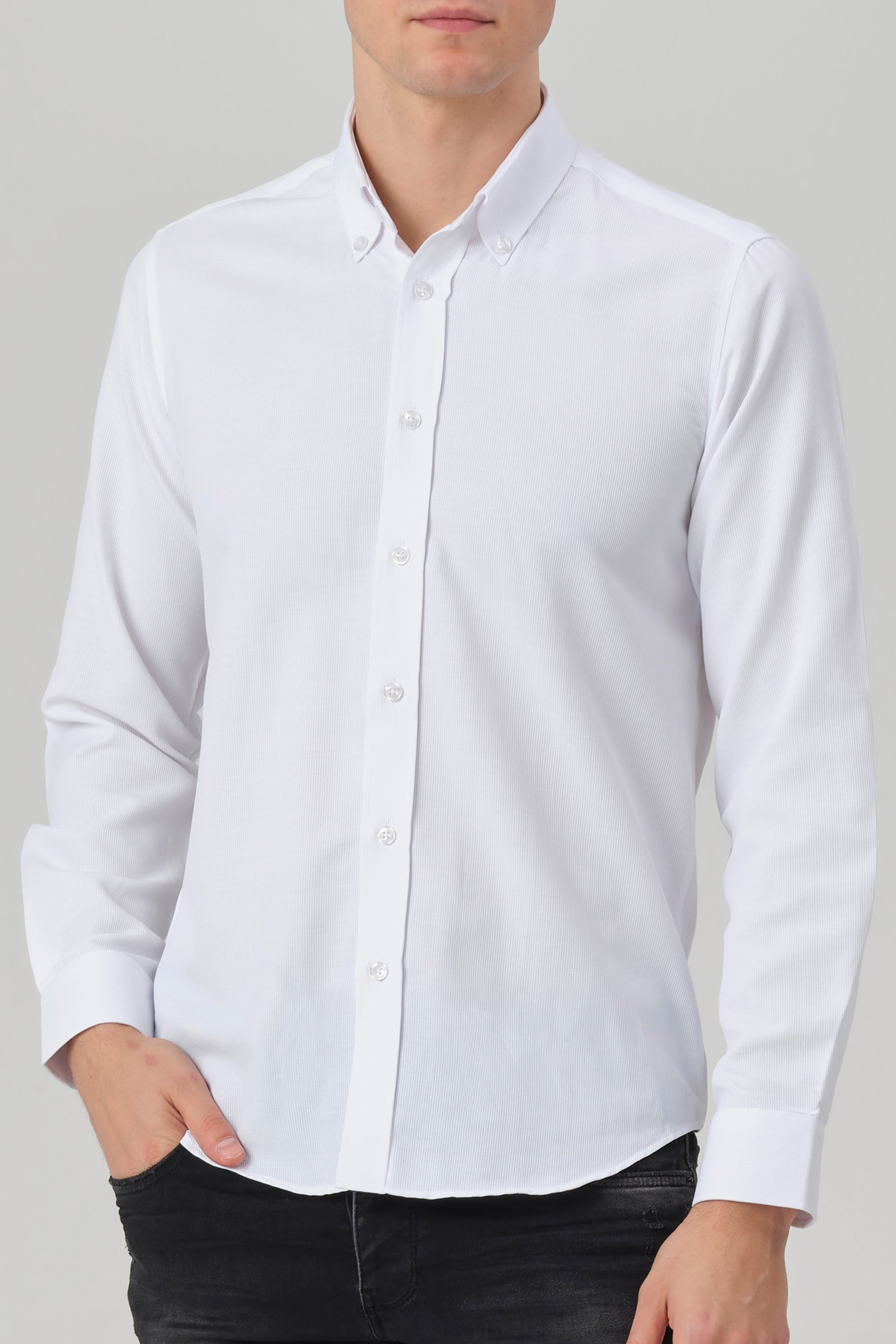 LIAM - White Dobby Stripe Button Down Casual Shirt - Jack Martin