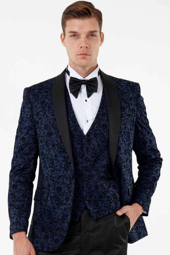 FLORAL - Midnight Blue Velvet 3 Piece Suit & Tuxedo - Jack Martin Menswear