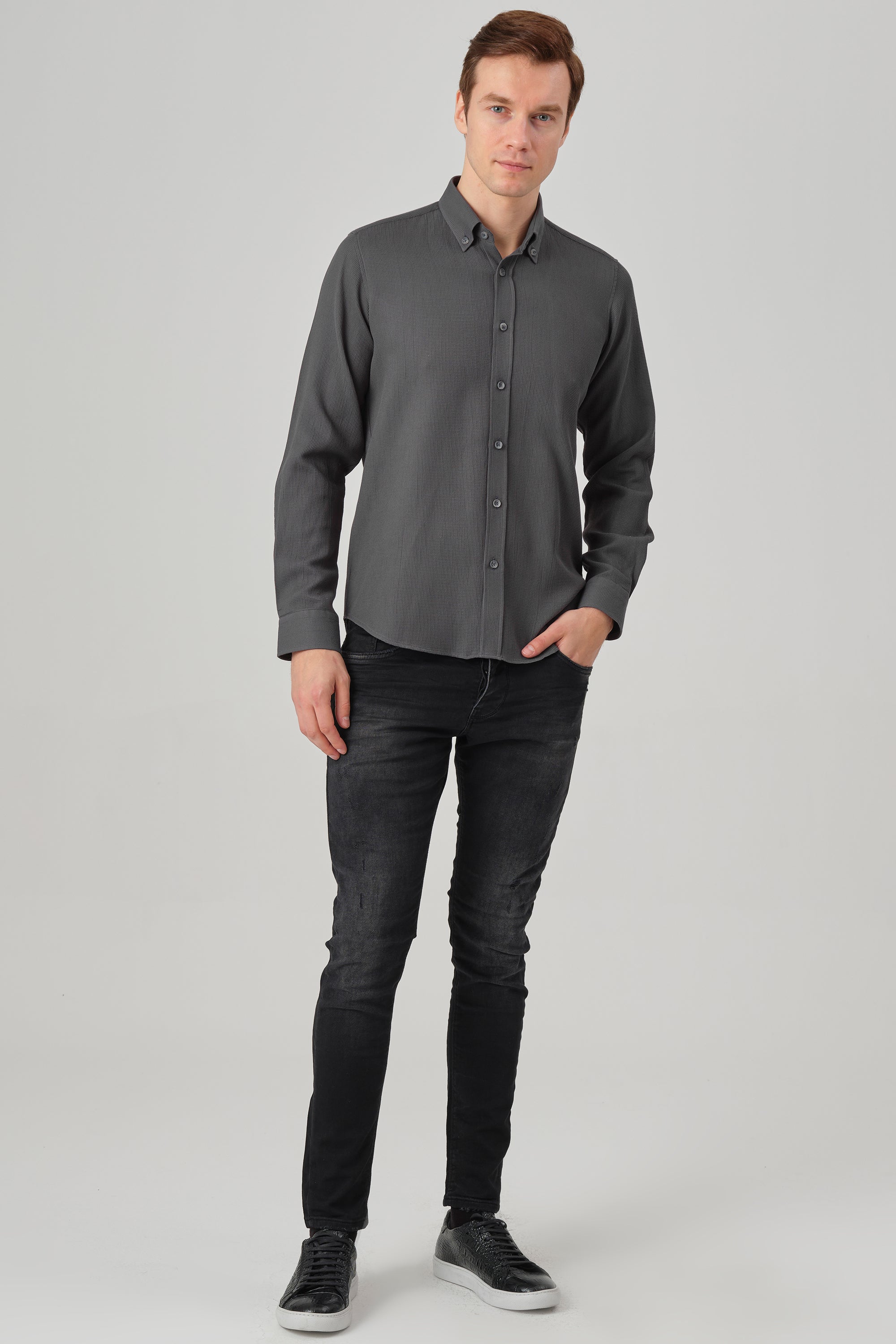NOAH - Grey Waffle Button Down Casual Shirt - Jack Martin