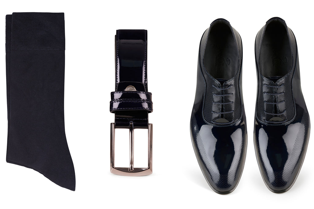 TORRES - Navy Blue Patent Dress Shoes, Belt & Socks Set - Jack Martin Menswear