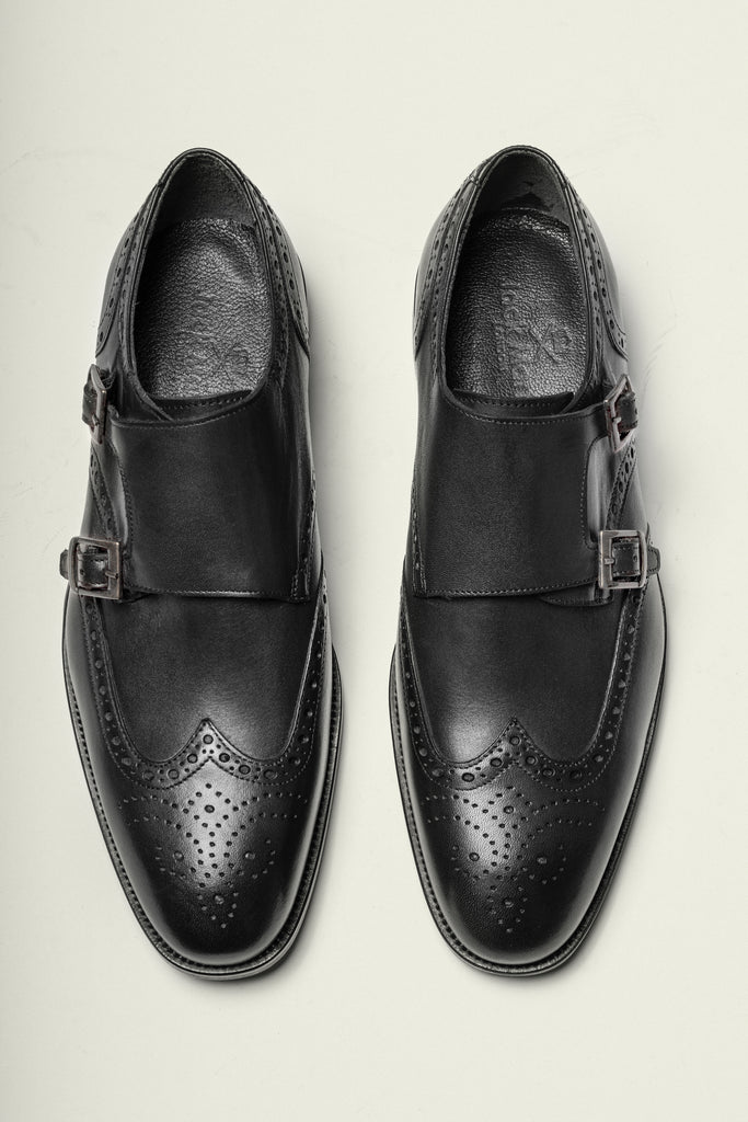BLAKE - Black Handmade Leather Double Monk Strap Shoes - Jack Martin Menswear