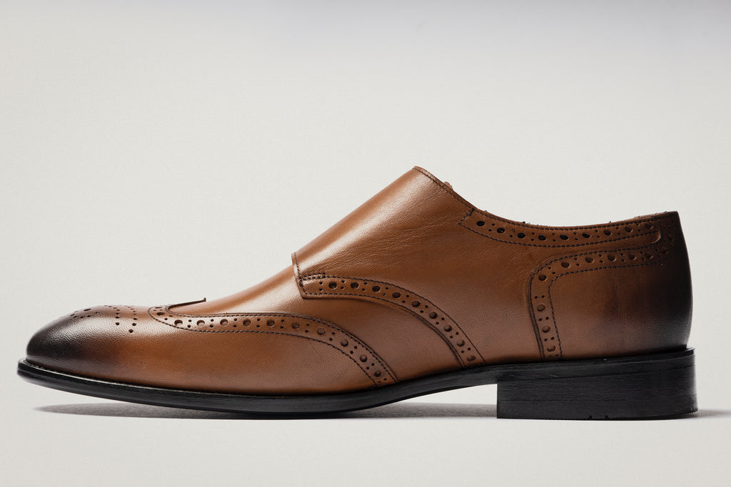 BLAKE - Tan Handmade Burnished Leather Double Monk Strap Shoes - Jack Martin Menswear