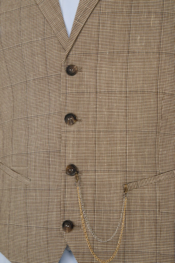 Brown & Cream Houndstooth Check Collared Wool Waistcoat - Jack Martin Menswear