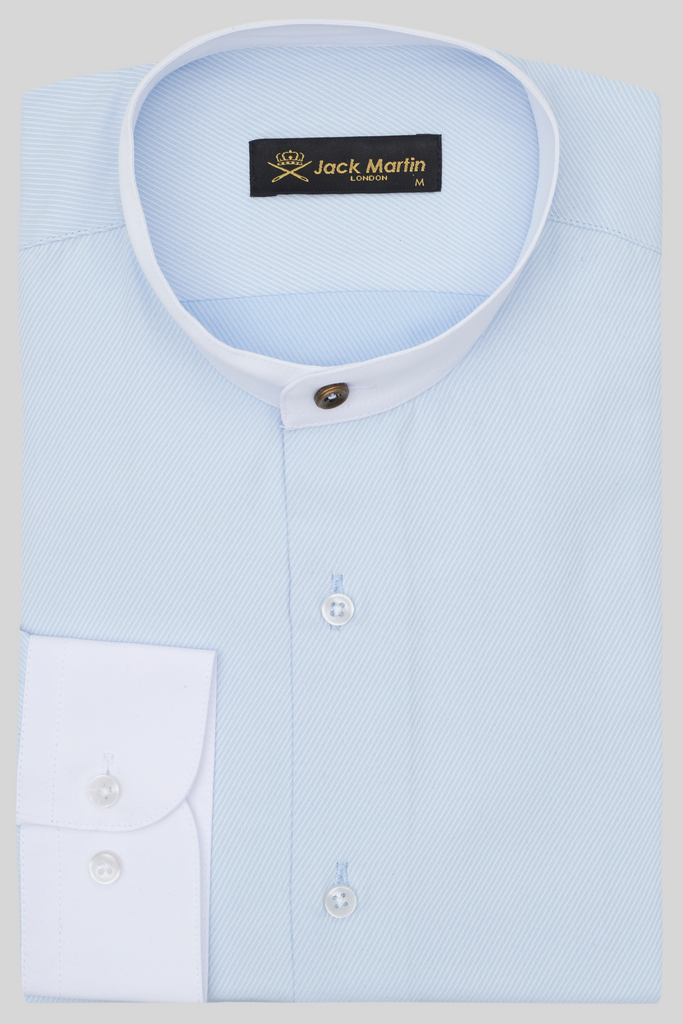 Peaky Blinders Style - Blue Twill Grandad Collar Slim Fit Shirt - Jack Martin Menswear