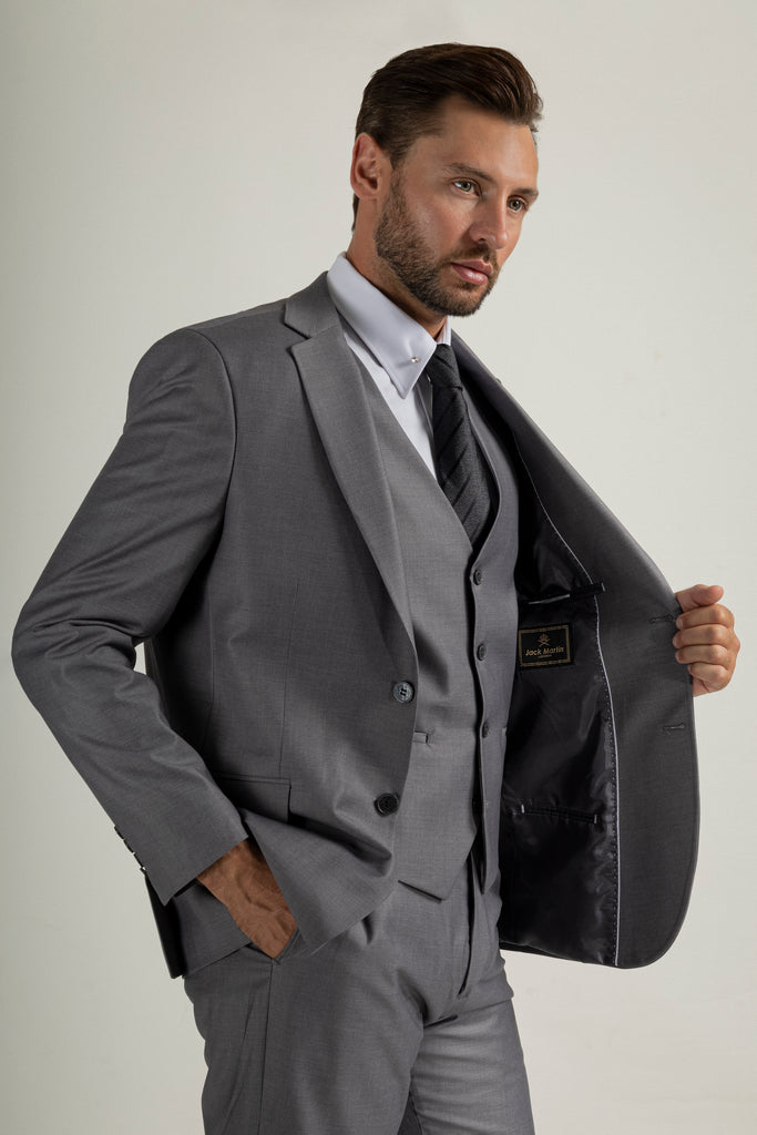MICHAEL - Melange Grey Plain 3 Piece Suit - Jack Martin Menswear