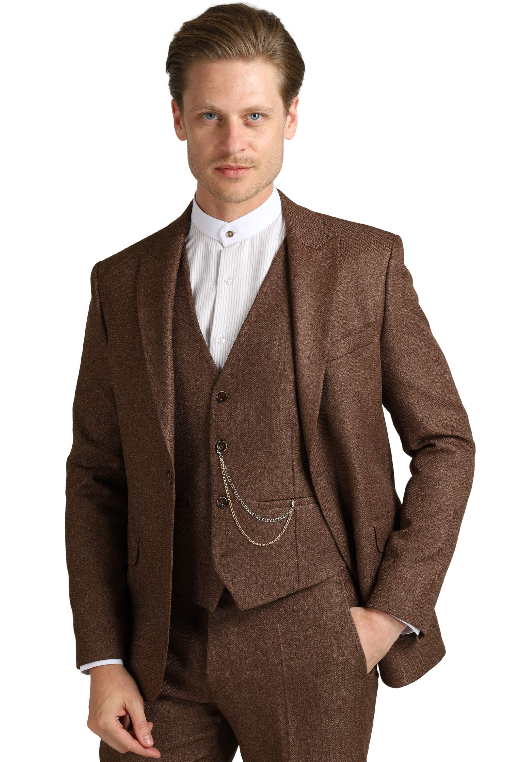 SHELBY Brown Herringbone Tweed Piece Suit - Main Image