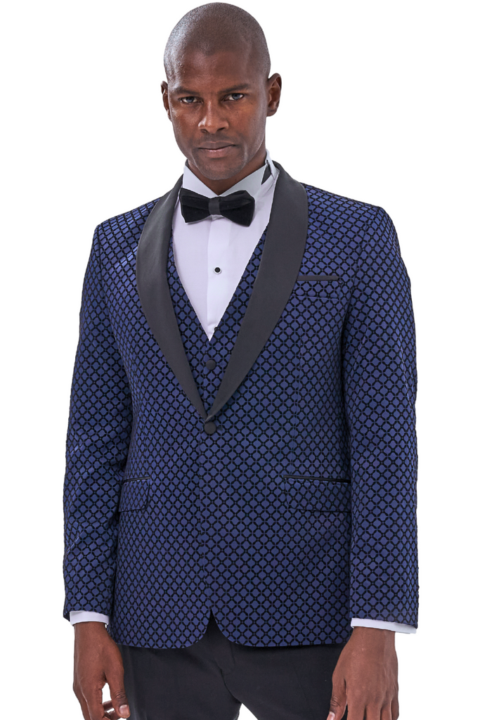 DIAMOND - Midnight Blue Printed Velvet 3 Piece Suit / Tuxedo - Jack Martin