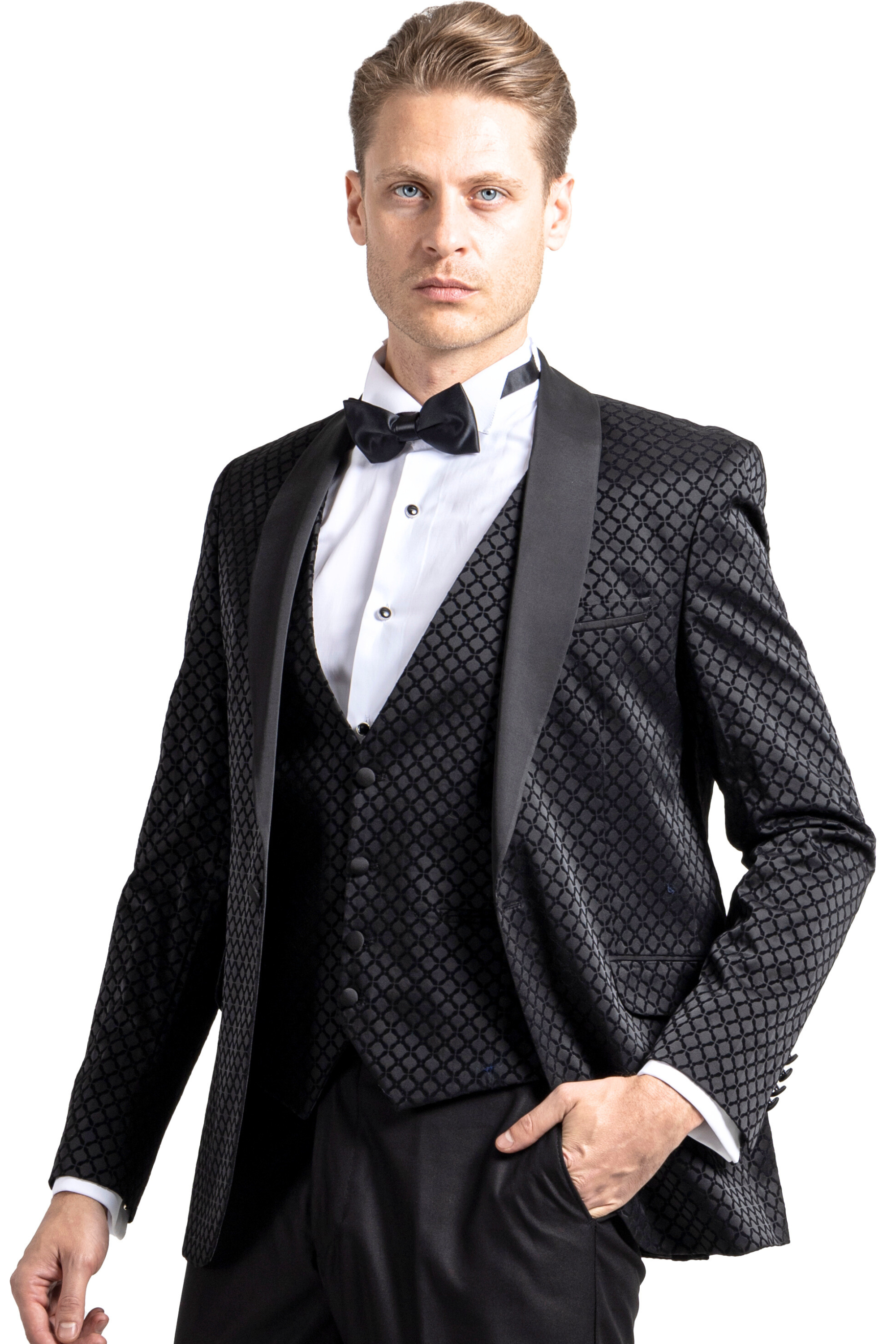 DIAMOND Black Printed Velvet Piece Suit Tuxedo - Main Image