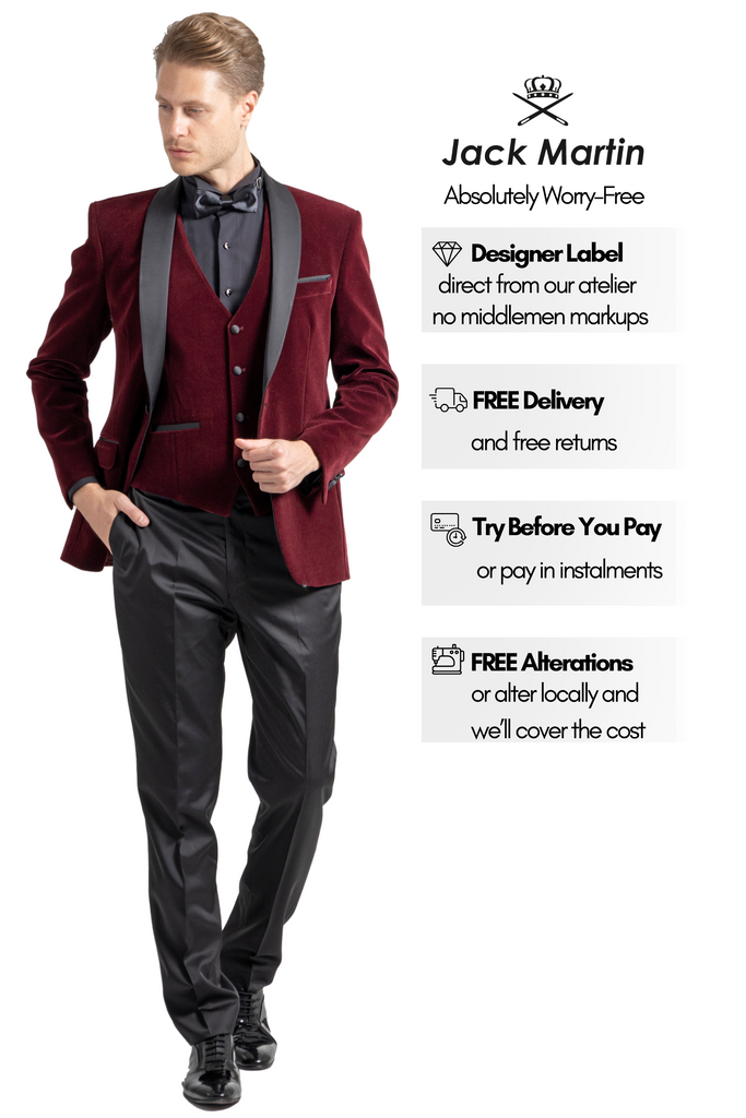 GABRIEL - Wine Burgundy Velvet 3 Piece Suit & Tuxedo - Jack Martin