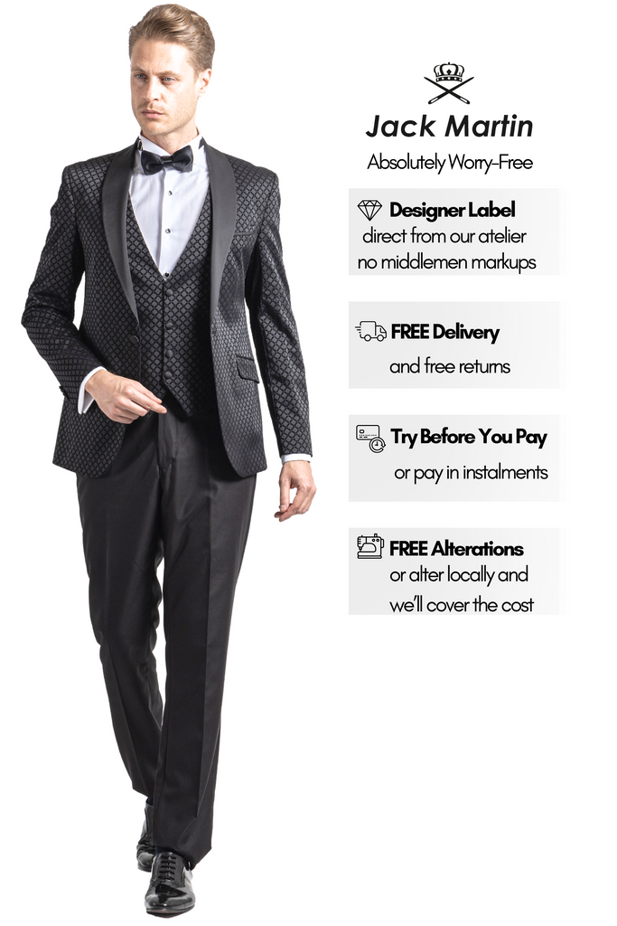 DIAMOND - Black Printed Velvet 3 Piece Suit / Tuxedo - Jack Martin