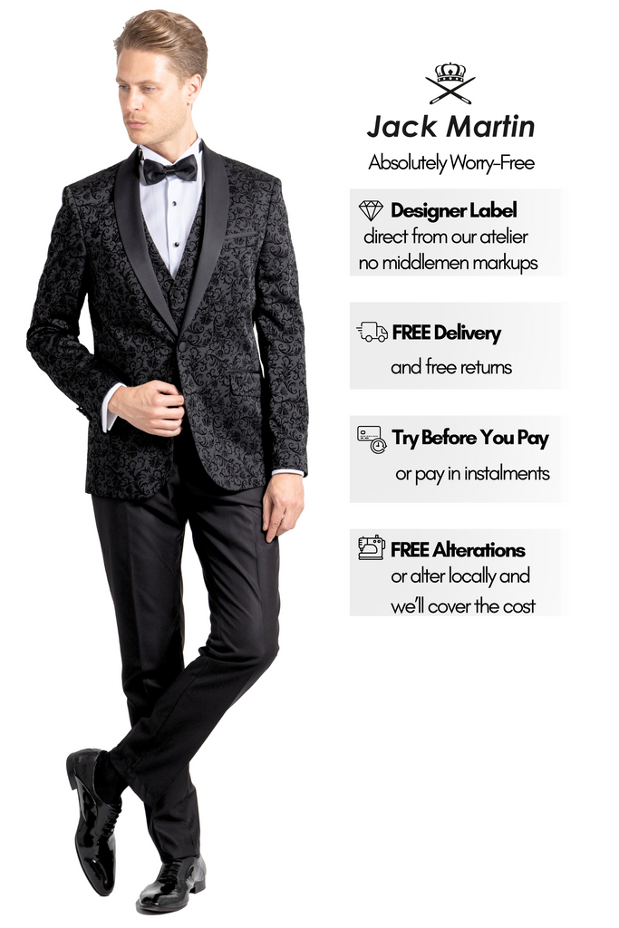 FLORAL - Black Printed Velvet 3 Piece Suit / Tuxedo - Jack Martin