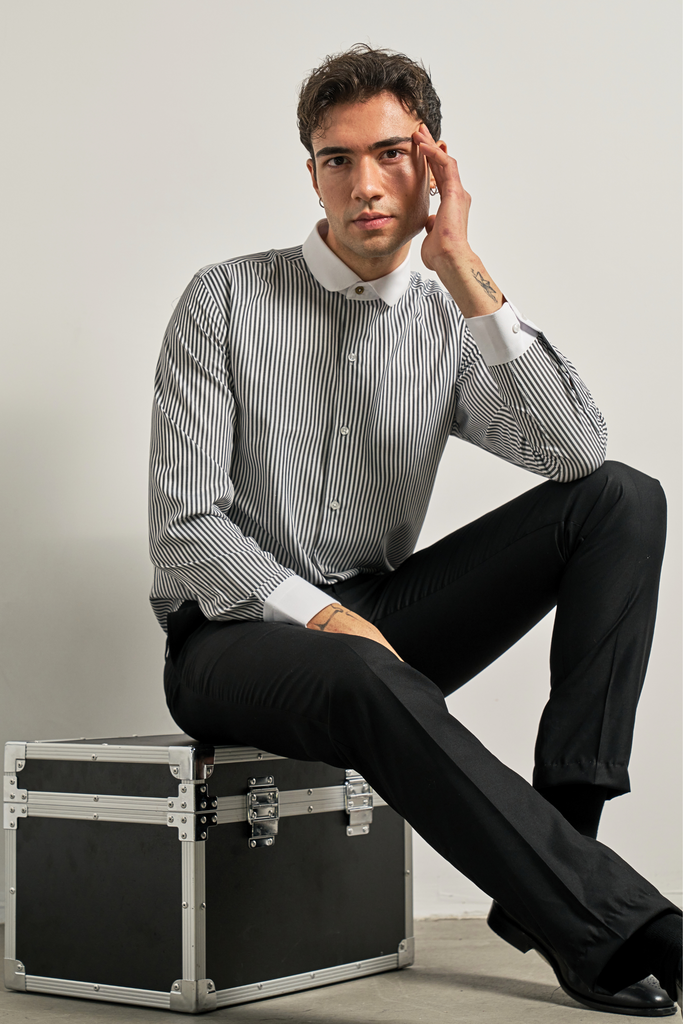 THOMAS - Black Striped Penny Collar Shirt - Jack Martin
