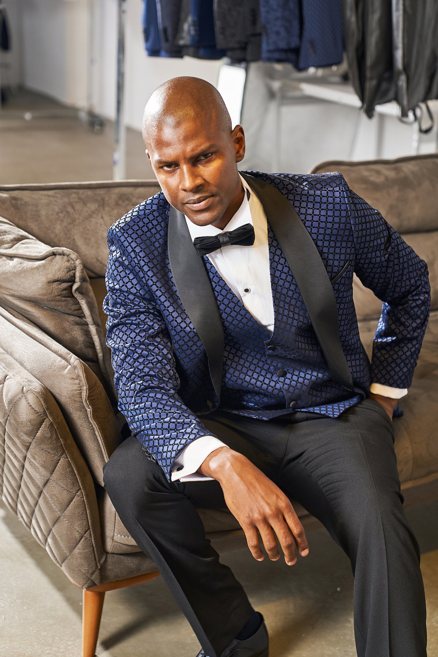 DIAMOND Midnight Blue Printed Velvet Dinner Tuxedo Jacket