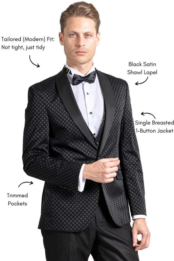DIAMOND - Black Printed Velvet 3 Piece Suit / Tuxedo - Jack Martin