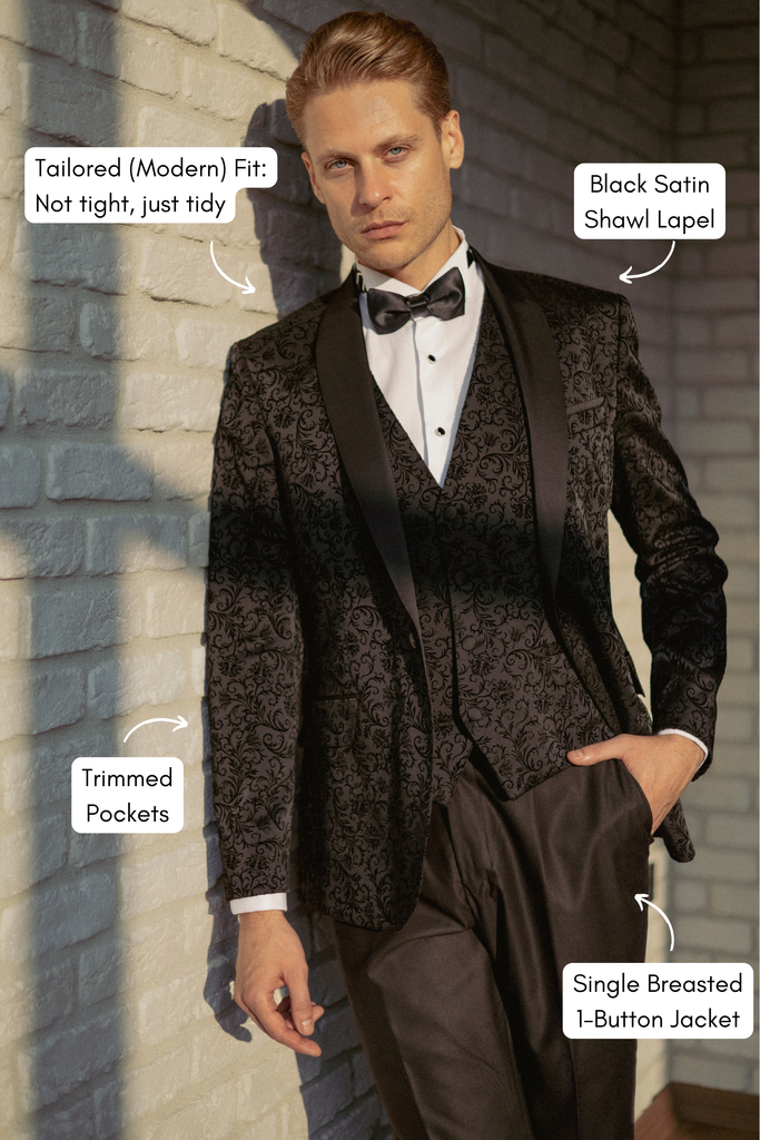 FLORAL - Black Printed Velvet 3 Piece Suit / Tuxedo - Jack Martin