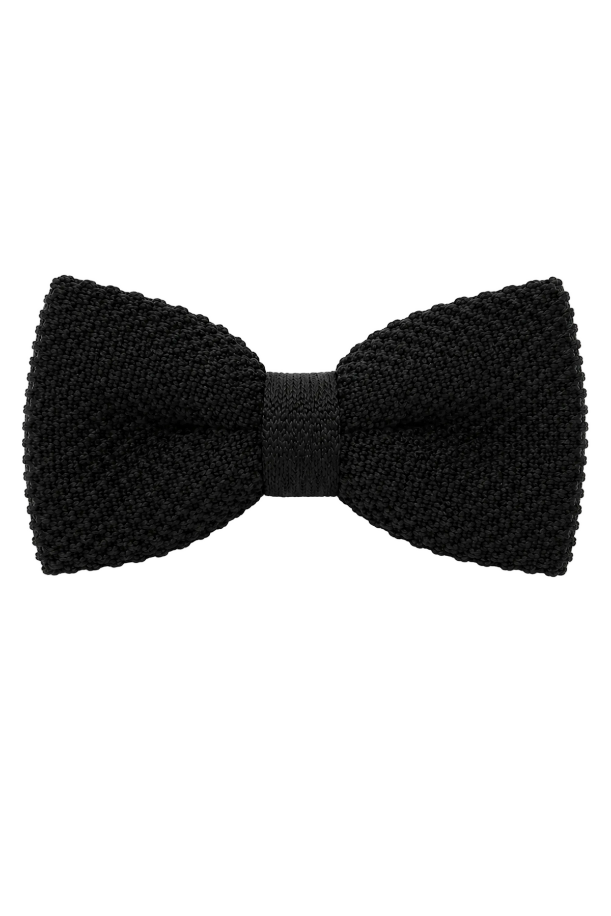 A black textured knit bow tie with a matching black elastic center band, shown flat against a solid white background.