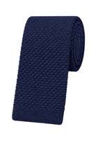 A rolled navy blue knit necktie with a textured openwork pattern, displayed on a clean white background.