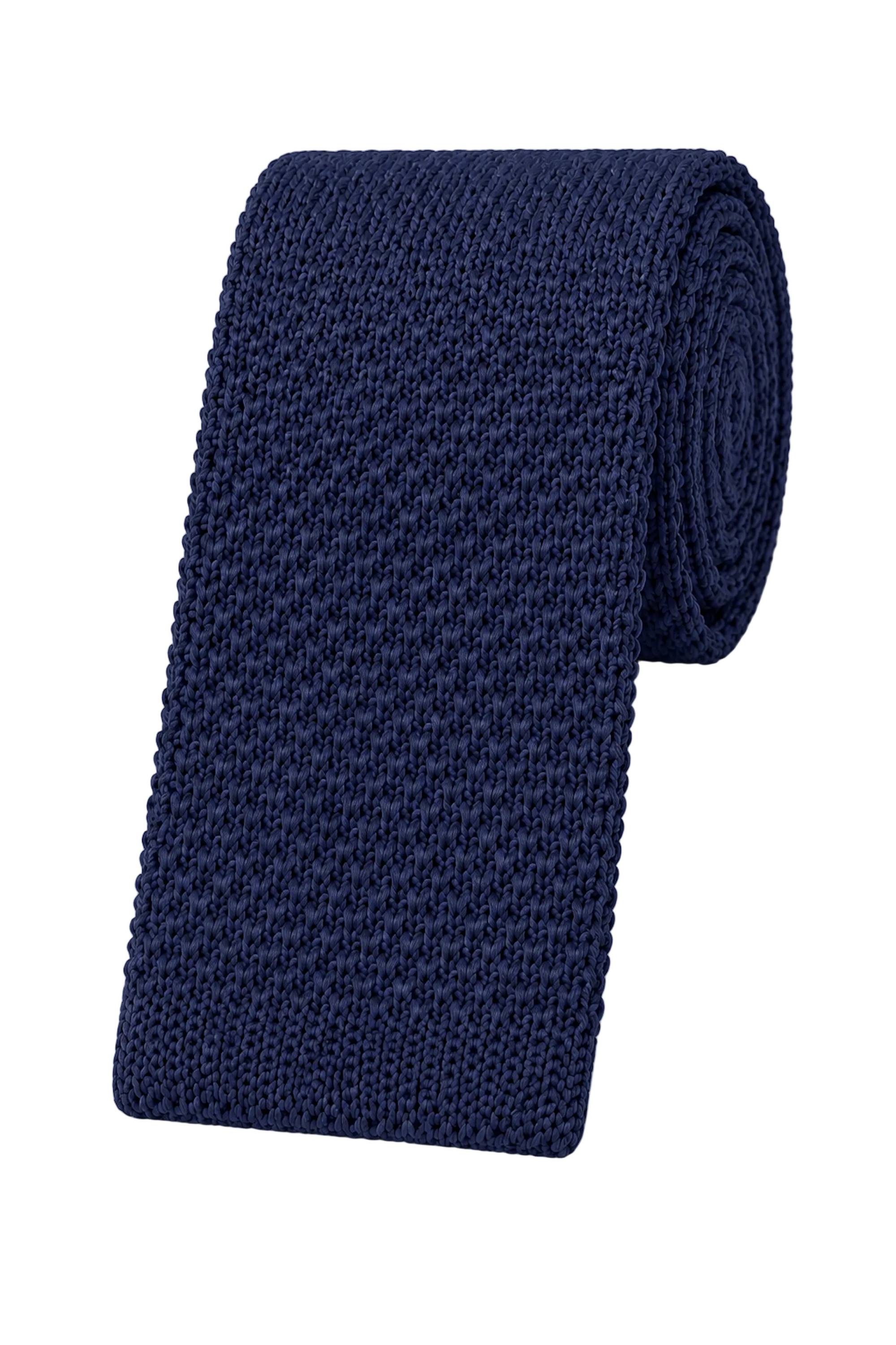 A rolled navy blue knit necktie with a textured openwork pattern, displayed on a clean white background.