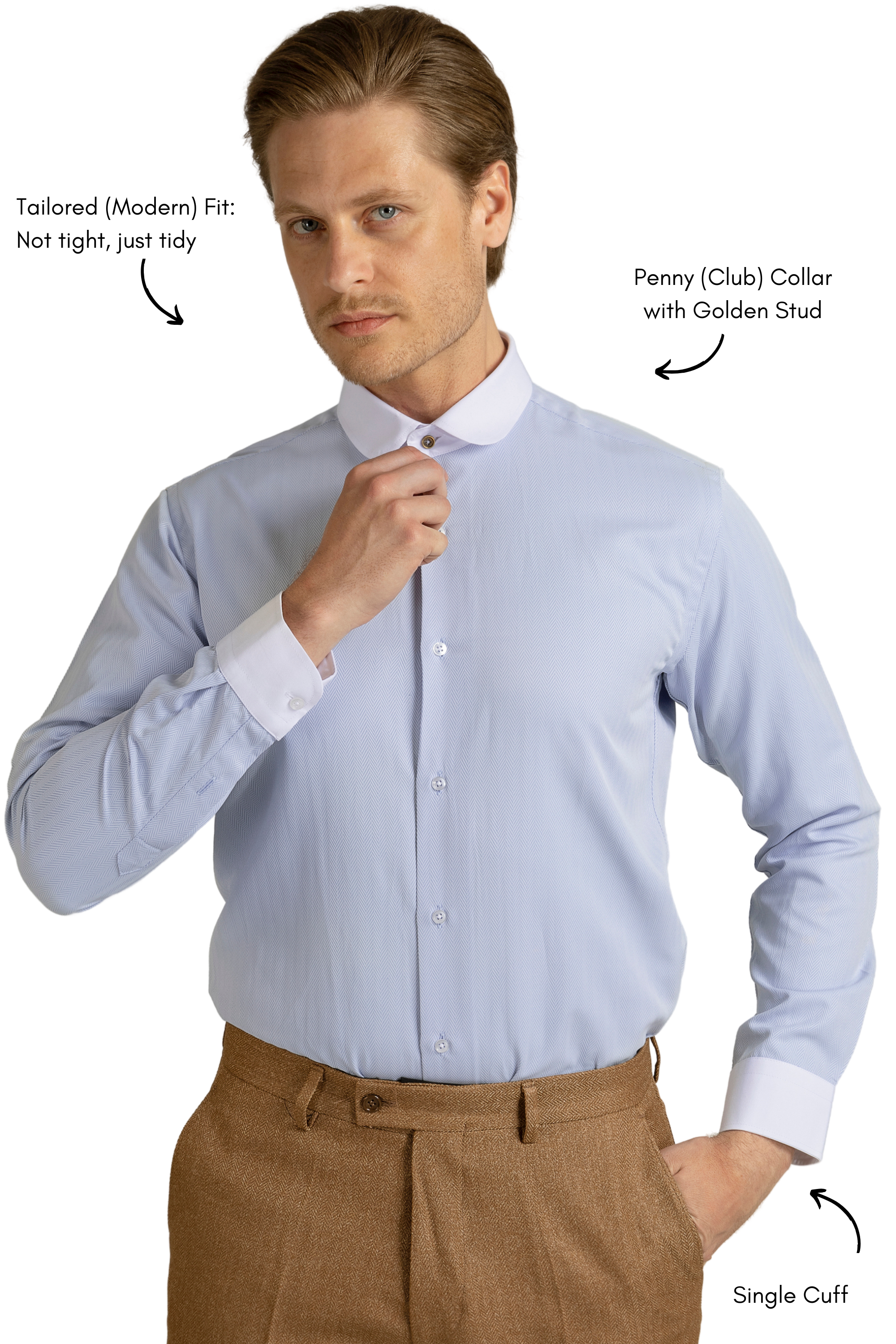 THOMAS - Dark Blue Herringbone Penny Collar Shirt - Jack Martin