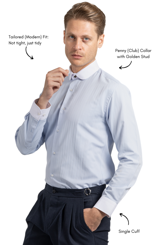 THOMAS - Blue Herringbone Penny Collar Shirt - Jack Martin