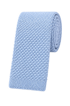 A light blue textured knit necktie, partially rolled, displayed on a clean white background.