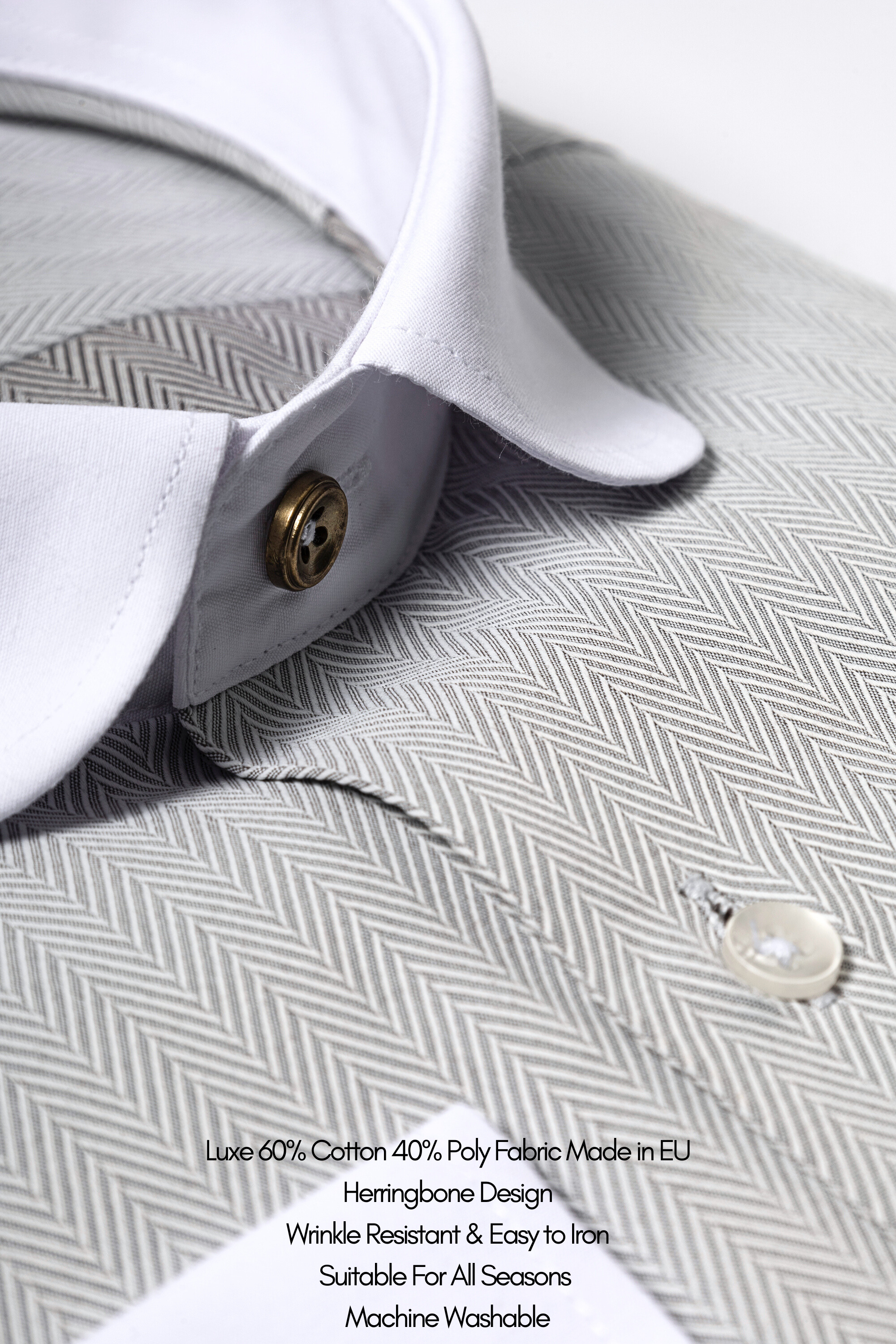 THOMAS - Grey Herringbone Penny Collar Shirt - Jack Martin