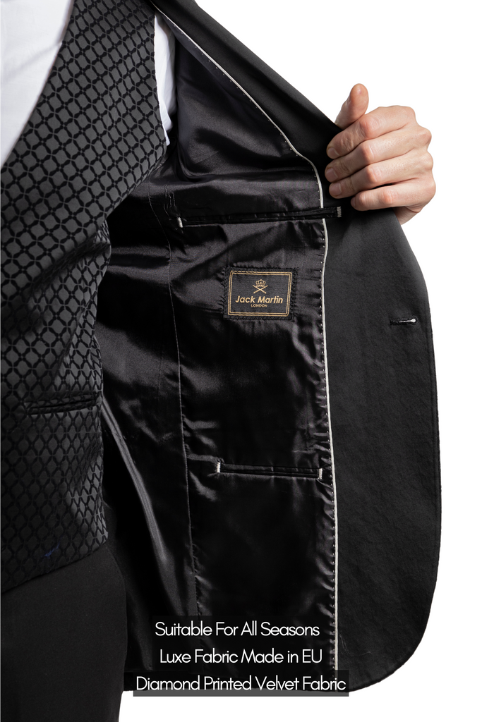 DIAMOND - Black Printed Velvet 3 Piece Suit / Tuxedo - Jack Martin