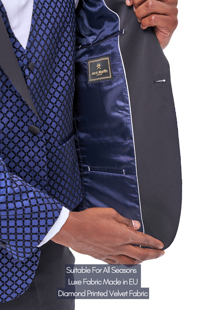 DIAMOND - Midnight Blue Printed Velvet Dinner & Tuxedo Jacket - Jack Martin
